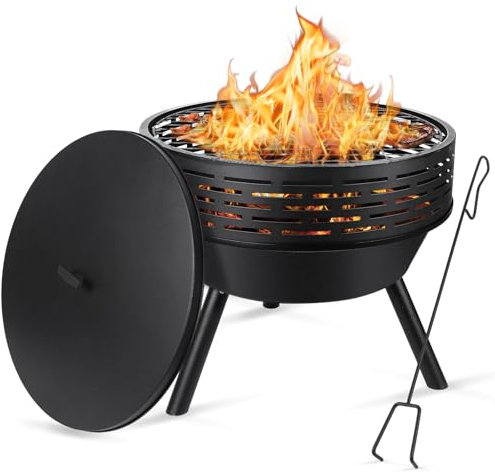 Brasero de 58,4 cm avec grille et couvercle, brasero en fonte robuste, foyer à bois pour rassemblements de feu de camp, barbecue, table, foyers pour terrasse, camping, jardin, pique-nique