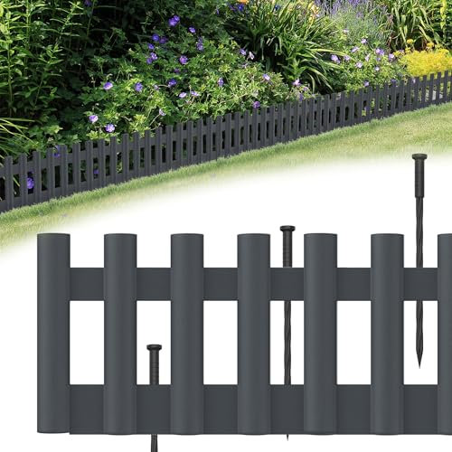 SUBTLETY 516cm Holzoptik Beeteinfassung 12 Stück 43x12cm PP Kunststoff Beetumrandung Plastik Rasenkante Biegbarer Gartenpalisade Beetzaun Flexible Mähkante Wetterfest Palisaden für Garten (Anthrazit)