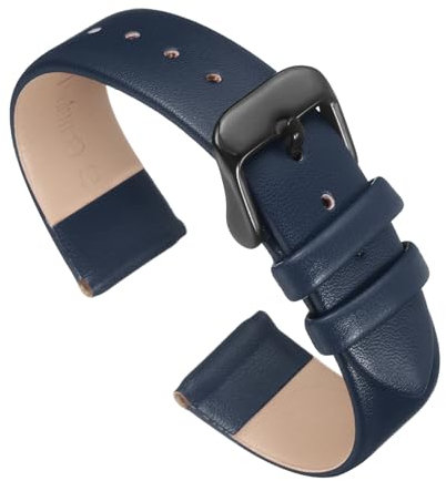 QUARKZMAN Bracelet En Cuir Véritable Bleu Foncé 10mm De Largeur, Bande De Monture Plate Et Élégante Pour Hommes Et Femmes Avec Boucle Noire