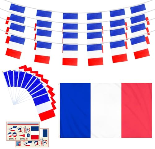 Ensemble de drapeaux français – 10 m de drapeaux français à corde, 1 grand drapeau de la France, 10 drapeaux de la France agités à la main, 2 autocollants de tatouage, événements patriotiques