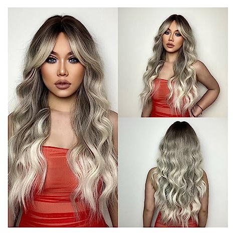 ZATTYDV Haarperücken Echthaar Ombre Aschbraun Blond Synthetische Perücken für Frauen Lange gewellte graue Platinperücken mit Pony Tägliches Cosplay Natürliches Kunsthaa