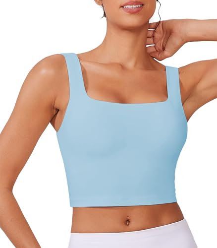 PINSPARK Sport Bustier Damen Gepolstert Ohne Bügel Sport Bra Top Breiten Trägern Stretch Yoga Crop Tops Sommer Schweißableitender Nahtloser BH Denim Blau s