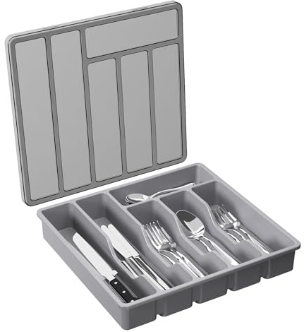 Range-couverts avec couvercle, rangement à 6 compartiments, pour tiroir de cuisine et plan de travail, en plastique, pour cuillères, fourchettes, couteaux, 32 x 30 x 5,4 cm, noir/gris