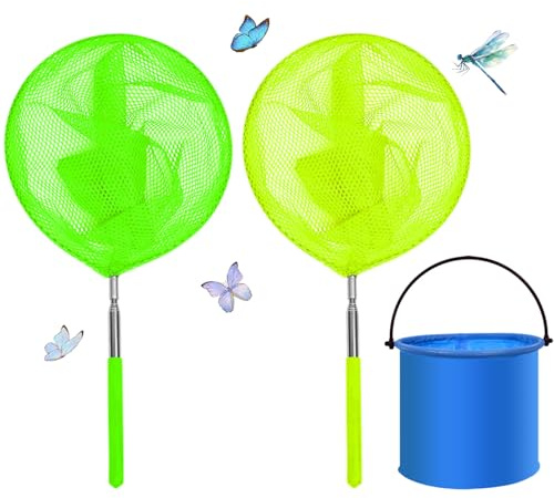 3 Pack Kids Fishing Net Foldable Bucket Set, Extendable Butterfly Net, Mesh Net for Catching Crabbing Bugs Insects Bird Playing Beach Ponds Pool Outdoor Telescopic Catching Net