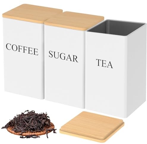 BAODBF Juego de 3 latas de café, azúcar, té con junta, tapa de bambú, juego de recipientes para azúcar, café, té y azúcar (blanco)