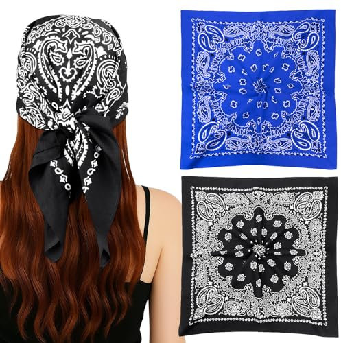 MELLIEX 2 Stück Bandana Kopftuch Herren Damen, Baumwolle Paisley Halstuch, Cowboy Nickituch, 70 x 70 cm, Schwarz und Blau