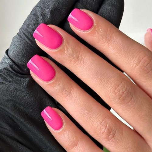 Hot Pink Press-On Nails - Short Square French Tip Fake Nails with Glossy Bright Gel Finish - 24PCS Stick-On Set for Women Includes Accessory Tool Vibrant Neon Color Reusable and Easy to Apply