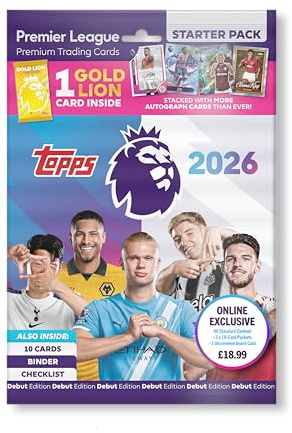 Topps Premier League 2026 - Debut Edition - Starter Pack (Online Exclusive Version). Contains 30 cards, a Gold Lion card and one random bonus insert card (Pro-Precision, Beast Mode or Headlines).