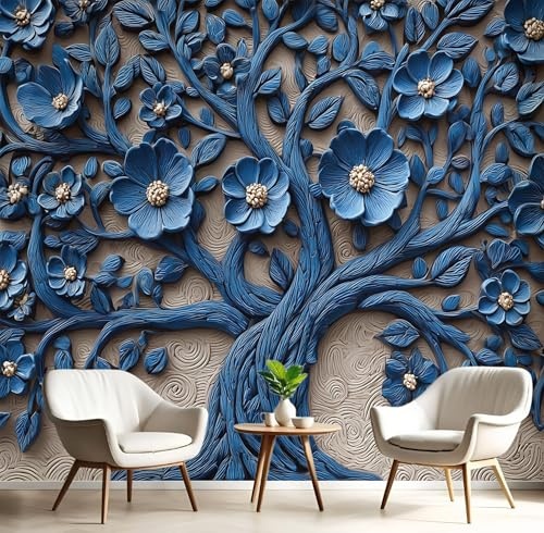 GSAEIMCT 3D Effect Wallpaper Blue Flowers and Trees 350X260Cm,Relief Plants Art Wall Murals Print Photo Wall Mural,for Living Room Bedroom Children's Room Home Hallway Lounge Decoration