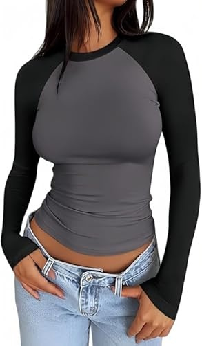 Sukiglam Langarmshirt Damen Basic Rundhals Zweifarbig Patchwork Langarm T-Shirts Eng Lässig Sport Oberteil Cooles Raglan Shirt Slim Fit Unterziehshirt Y2K Longsleeve Top Herbst Freizeit Pullover
