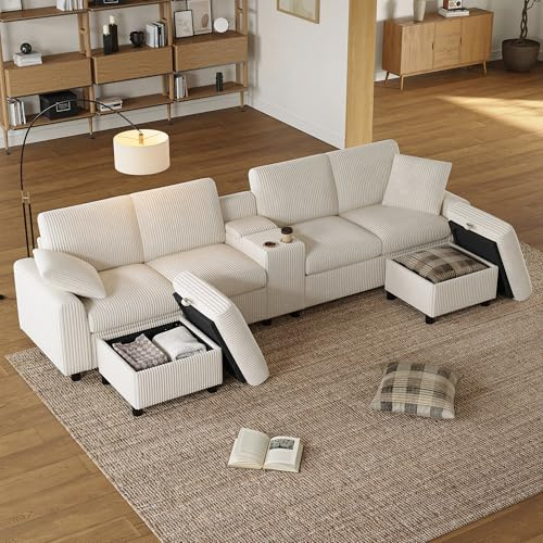 A ALFRESCOOL Wohnlandschaft U Form, Modulares Sofa mit Schlaffunktion, Schlafsofa, aus Corduroy, Inklusive 2 Fußhockern mit Staufunktion, Couchtisch, 2 Getränkehaltern, 315×81×135cm (Beige)