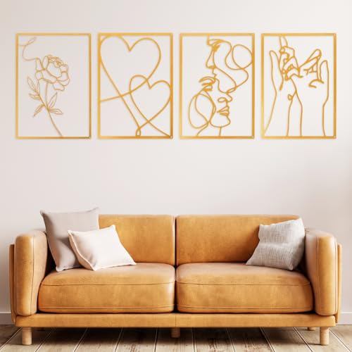 CYEER 4 Stück Wanddeko Metall Gold, Abstrakte Line Art Wandbilder (Kuss, Herz, Hände, Blume), Moderne Wanddekoration Boho Wandschmuck für Wohnzimmer Schlafzimmer & Paar Geschenk, Je 40x28cm