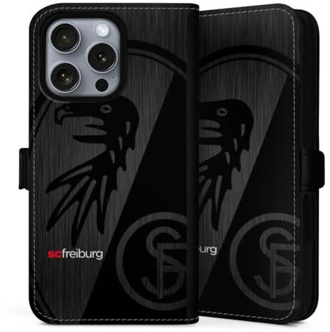 Klapphülle kompatibel mit Apple iPhone 16 Pro Max Handyhülle aus Kunst Leder schwarz Flip Case SC Freiburg Offizielles Lizenzprodukt Metallic Look