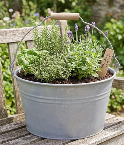 LB H&F Nostalgische Zinkwanne Pflanzbottich – Ø 27cm – Dekorative Blumenwanne mit Holzgriff – Metall Pflanzgefäß für Garten, Balkon & Terrasse – Vintage Gartendeko Zinkbottich (Zink rund)