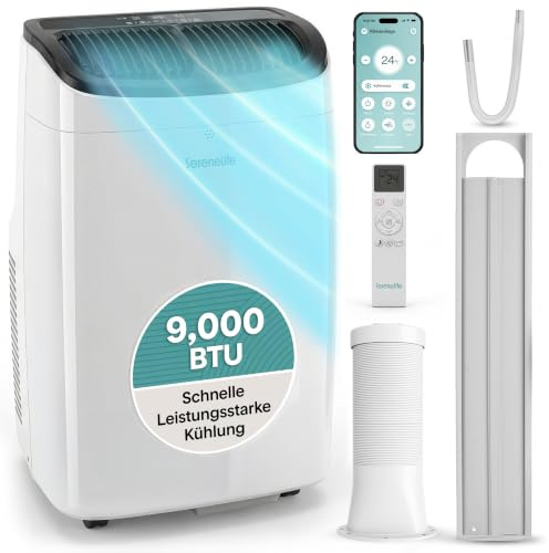 SereneLife Climatiseur Mobile 9 000 BTU – Climatiseur Portable Silencieuse 3 en 1 avec Contrôle APP, Déshumidificateur, Ventilation, Rafraîchisseur d’Air, Kit Fenêtre, WiFi, Pour pièces de 31㎡