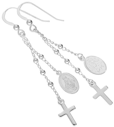 Sterlingsilber Kreuz und wundertätige Medaille baumelnde Ohrhänger