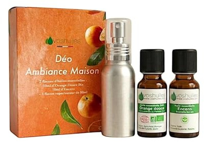 VOSHUILES - Kit Déo Ambiance Maison - 50ml - 2 Huiles Essentielles Orange Douce Bio et Encens avec Vaporisateur - Spray Apaisant Naturel pour Chambre et Salon