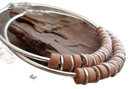 ✿ SEHR GROSSE 6,5 CM CREOLEN AUS KERAMIK BOHO TRIBAL CREOLEN ✿ Ohrringe im Bali Stil in sand und silber