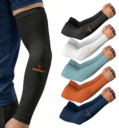 ARMORAY Arm Sleeves for Men & Women - 5 Pair UV Sun Protection Cooling Compression - Tattoo Cover Up Sleeve for Daily Wear & Work (5 Colors)