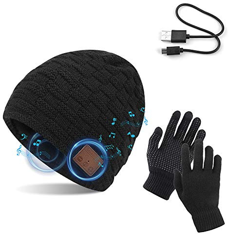 TAGVO Bonnet Bluetooth V5.0 avec Gants tactiles, Hiver Chaud tricoté sans Fil Bluetooth Casque Musique Chapeau pour la Course à Pied, randonnée, Cadeau de Noël