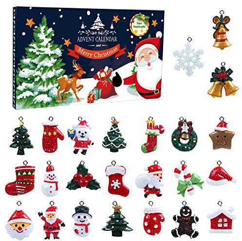 LIHAO 24 x Weihnachtsanhänger Adventskalender Harz Mini Weihnachtsbaum Deko Geschenk Christsbaum Fenster Schmuck Figuren