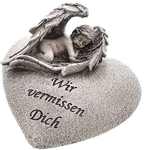 Besinnliche Grabdeko zur Erinnerung, frostfest und witterungsbeständig Grabschmuck - Grabfigur - Friedhof Deko Farbe Engel auf Herz Ø 10 cm