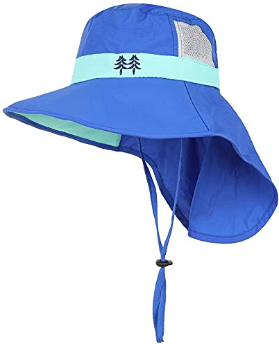 Aenmt Kids Sun Hats UPF 50+ Sun Protection Hat for Kids with Neck Flap Adjustable Large Brim Beach Fishing Hat for Age 3-12 Blue