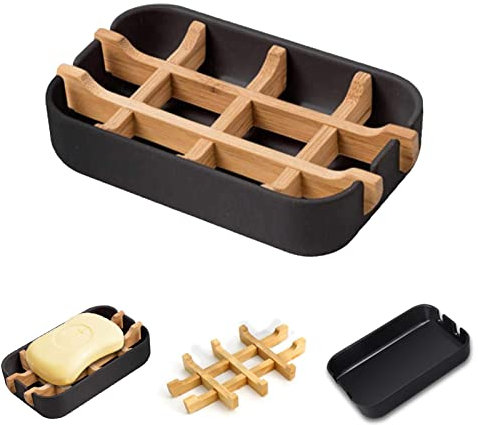 VEGCOO Porte-savon en bambou naturel avec support de drainage, durable, anti-moisissure, pour douche, salle de bain, cuisine et lavabo (noir)