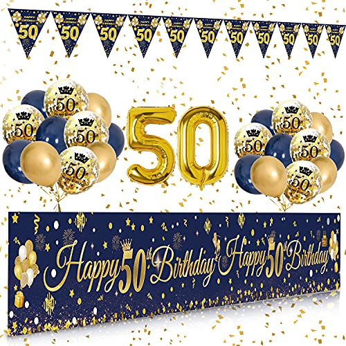 50 Geburtstag Dekoration Mann Frau, Extra Lange Happy Birthday Banner Girlande Wimpel (9 * 1.21 Füße), 50. Geburtstag Deko Banner Hintergrund und Navy Blau Gold Luftballons Konfetti Luftballons