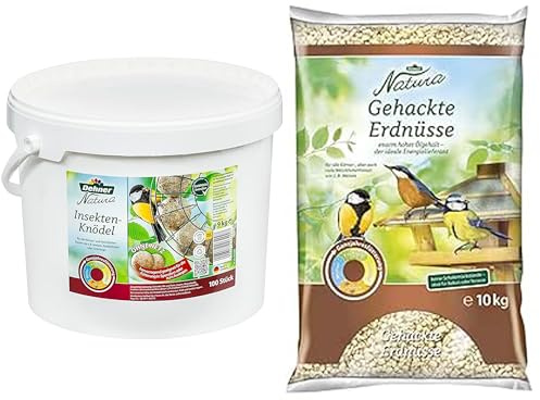 Dehner Natura Wildvogelfutter, gehackte Erdnüsse, 10 kg & Natura Wildvogelfutter, Insekten-Knödel, ohne Netz, 100 Stück (10 kg)