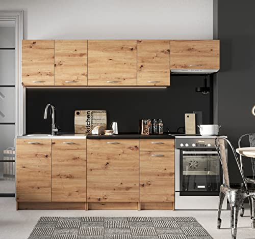 PEGANE Cuisine complète Mila 7 éléments Couleur chêne Artisan avec Plan de Travail Inclus - Longueur 180/240 cm