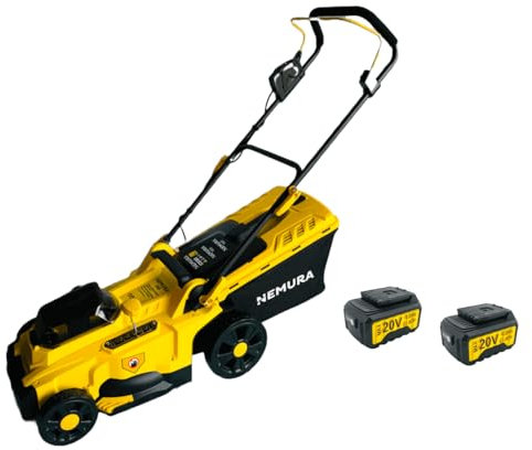 Nemura Tondeuse à Batterie 40V (2x20V) + 2 Batteries 4Ah - Coupe 37cm - Mulching et Ramassage - Bac 35 L - Coupe Précise et Chargeur Rapide - Marque française