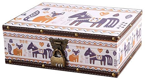 WANLIAN Retro Dekorative Holz- und Leder-Schatztruhe mit Deckel und Schloss, Schmuck-Aufbewahrungsbox für Mädchen und Frauen, Medium, Beige, Tierdruck, Hochzeit und Geburtstag, 26,9 x 21,6 x 9,4 cm