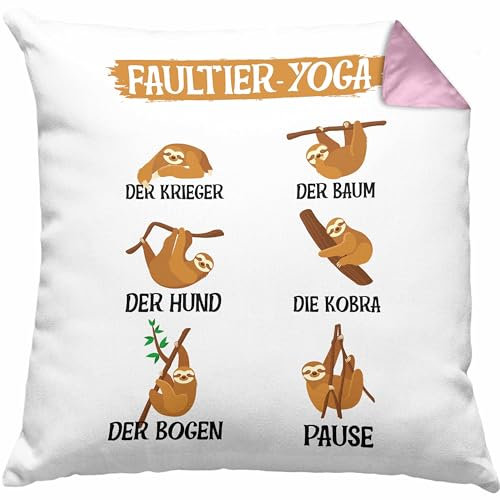 Trendation Faultier Yoga Kissen mit Füllung 40x40 Geschenk Lifestyle Yoga Lehererin Lehrer Geschenkidee (Rosa)