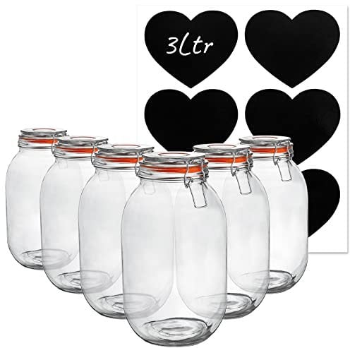 Argon Tableware Glass Storage Jars with Labels - Vintage Food Preserving Container - Clip Lid - 3 Litre - Orange, White, Clear & Black Seals - Pack of 6