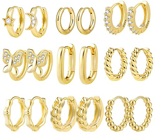 Kleine Creolen Ohrringe Gold Set, 9 Paar 14k Echt Vergoldete für Damen, Hypoallergen Multipack ZirkoniaTwist Quadrat Stern Mond Klobig Huggies Kreolen Piercing