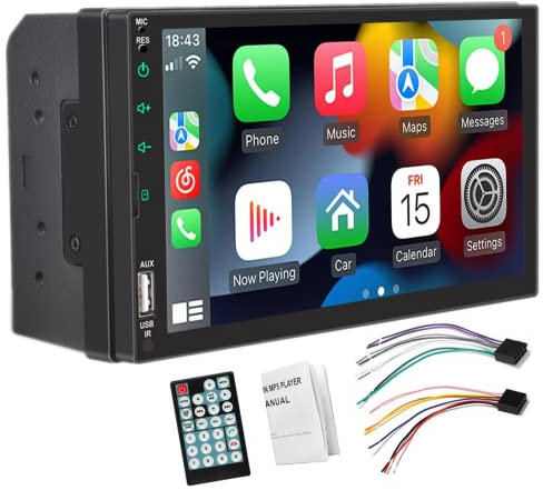WEPARTICULAR Double Din Car Stereo Compatible with Wireless Apple Carplay and Android Auto 7 Inch Bluetooth Car Radio Touch Screen with USB TF FM AUX IN Port Support Mirror Link and Subwoofer