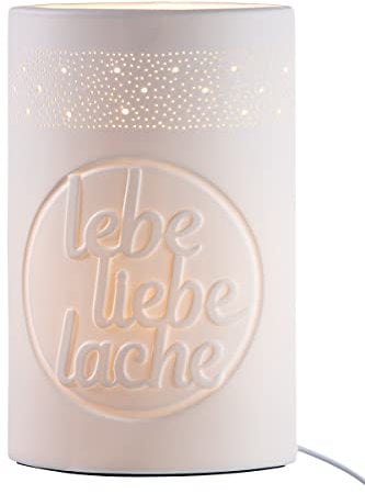 GILDE Porzellan Lampe - Tischlampe Ellipse lebe liebe lache - Dekoration Wohnzimmer - Geschenk weiß Höhe 28,5 cm