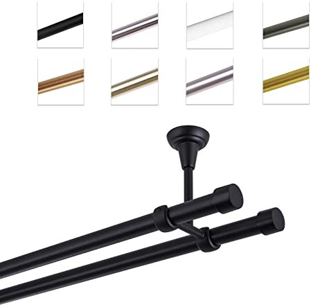 MDEKOR Gardinenstange 120 cm 2-läufig | Vorhangstange für die Deckenmontage Schwarz aus Metall | Gardinenstangenset Ø 19mm