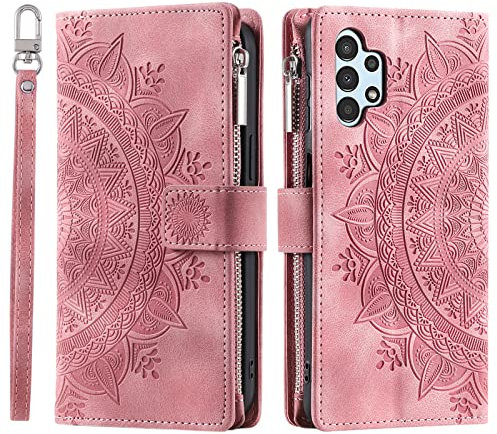 VEEMOS Wallet Case for Samsung Galaxy A13 4G Flower Flip Case Protective Leather Folio Book Phone Cover with Card Slots Kickstand Zipper Pocket - Pink