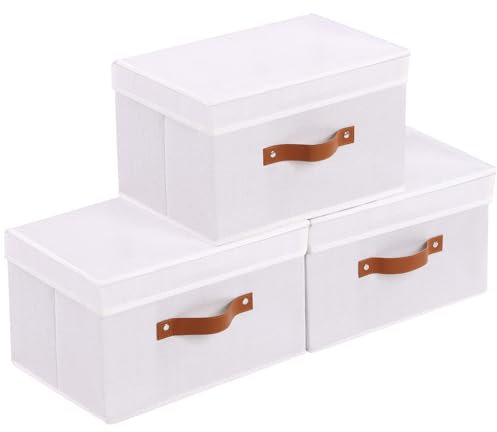 YheenLf Storage Bins with Flip-Top Lid & Handles, Linen Fabric Foldable Clothes Boxes, Organizer Containers Baskets Cube for Bedroom Closet Office, White, 3-Pack, 33×23×20 cm