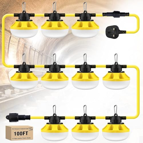 LED Baustrahler 100FT,100W,10000lm,IP66 Wasserdichte Industriebeleuchtung,Led Arbeitsscheinwerfer für Baustellen,Garage,Camping,Angeln,Notfall,Temporäre Beleuchtung im Innen-&Außenbereich