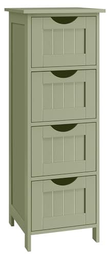 VASAGLE Badezimmerschrank, Badschrank, Beistellschrank mit 4 Schubladen, 30 x 30 x 82 cm, für Badezimmer, Wohnzimmer, Esszimmer, Küche, modern, lorbeergrün LHC040C02