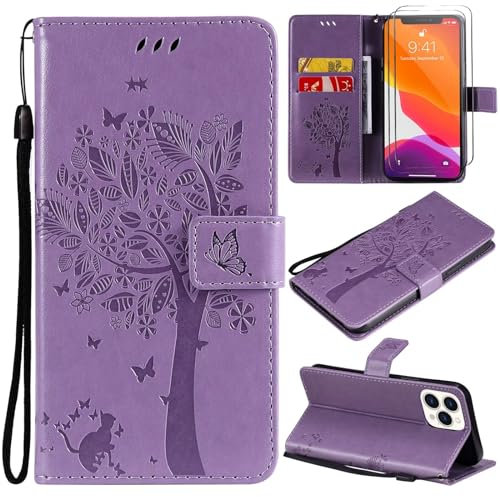 Beajew Handyhülle für LG K61/Q61/Q630 mit Panzerglas Schutzfolie, [Standfunktion] [Kartenfach Wallet] Premium Leder Schutzhülle Flip Case Stoßfeste Klapphülle-Hellviolett