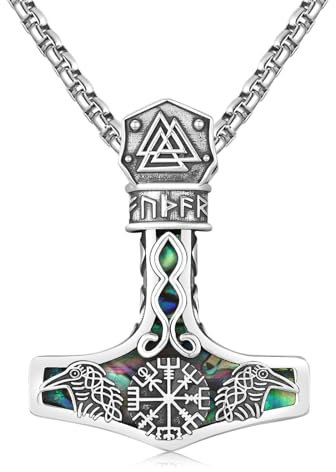 Twoowl Mjolnir Necklace Sterling Silver Abalone Viking Compass Pendant Thor Hammer Necklace Raven Necklace Norse Runes Vegvisir Amulet Jewellery Gifts for Women Men