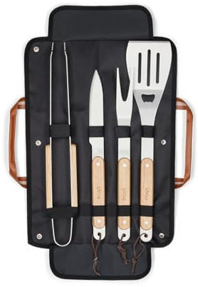 Livoo - Set de 4 accessoires pour barbecue GS162 – 4 accessoires, acier inoxydable, hévéa, pochette en coton