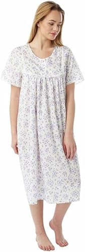 REEVE Womens Nightwear Cotton Floral Print Short Sleeve Front Button Opening Ladies Nighties with Lace - Pink Blue Lilac Nightdresses for Women UK Size 10-30 MN11 (Lilac, 12-14)