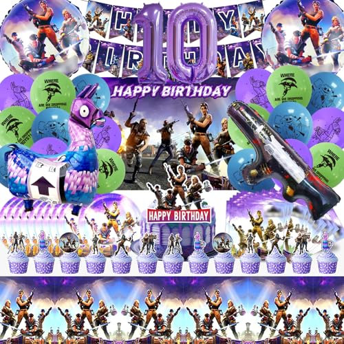 Fortnit Deko Geburtstag 10 Jahre, 81 Stück Geburtstagsdeko Set, Tortendeko, Luftballon, Party Deko, Speiseteller, Serviette, Kinder Geburtstags Dekoration