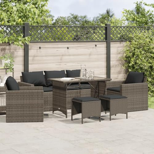 Willood 6 TLG. Rattanmöbel Gartenbank Rattan Garten Sitzgruppe Gartenlounge Gartenmöbel Set Sofagarnitur mit Kissen Grau Glas Tisch