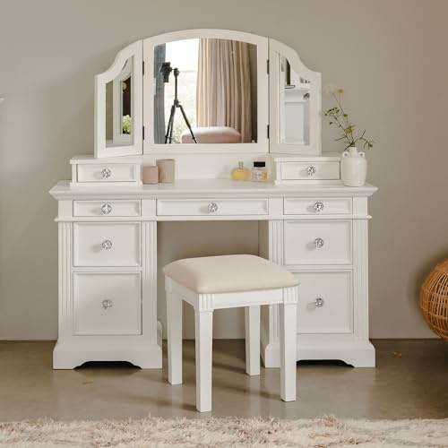 Statement Furniture Gainsborough Dressing Table Set | White Dressing Table (W132.5 x H78cm D42.5cm), Extension Drawers and 3-Way Mirror | Choice of Metal or Crystal Handles (Crystal-Handles)